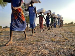 南スーダン・ジョングレイ州で支援物資を運ぶ女性たち　<br> © Damaris Giuliana/MSF