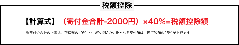 税額控除 【計算式】（寄付金合計-2000円）×40%=税額控除額 ※寄付金合計の上限は、所得額の40％です ※税控除の対象となる寄付額は、所得税額の25％が上限です