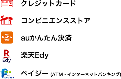 クレジットカード コンビニエンスストア auかんたん決済 楽天Edy ペイジー (ATM・インターネットバンキング)