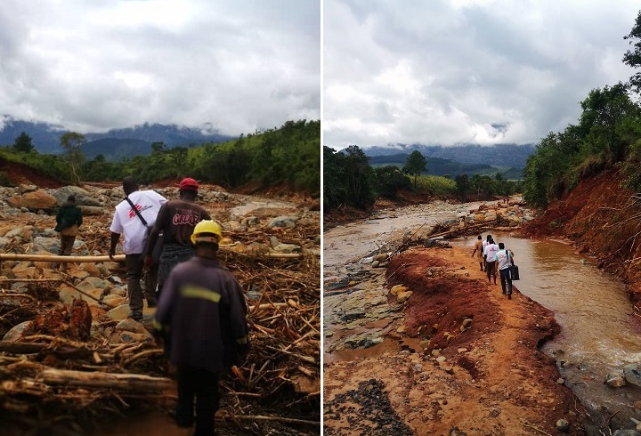 チマニマニ地区で道路が寸断され、孤立した地域へ向かうMSFの移動診療チーム（2019年3月23日撮影）　© MSF