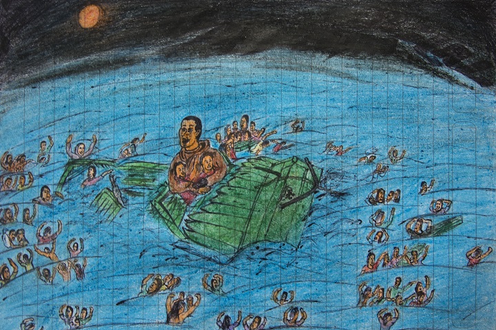 地中海を渡ろうとする人びとの様子を描いた子どもの絵 © Aurelie Baumel/MSF<br> 
