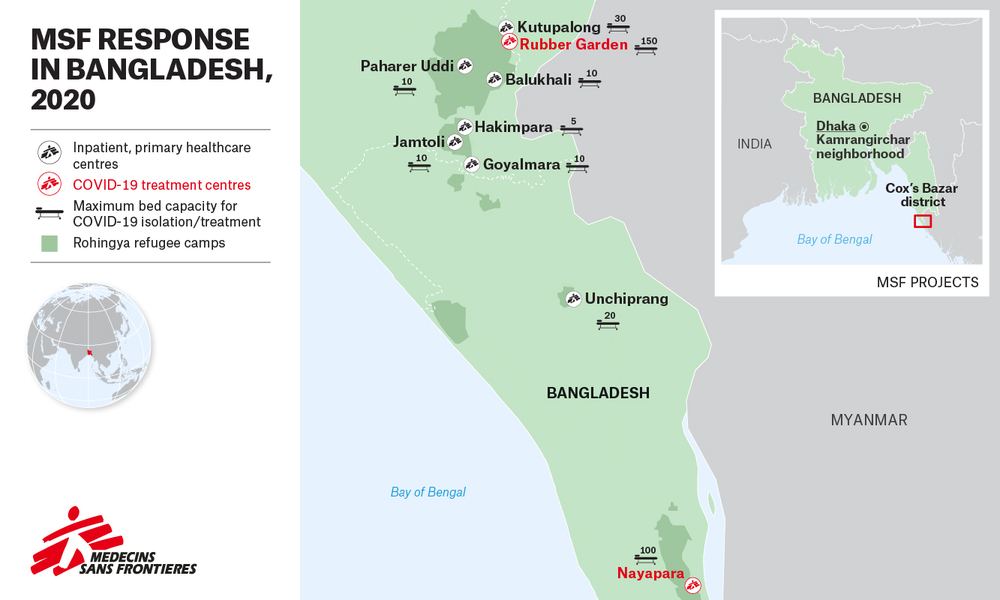 バングラデシュにおけるMSFの主たる活動地域。濃い緑色のエリアがロヒンギャ難民キャンプ地。赤いマークはMSFの運営する新型コロナウイルス感染症治療センターを指す。© MSF