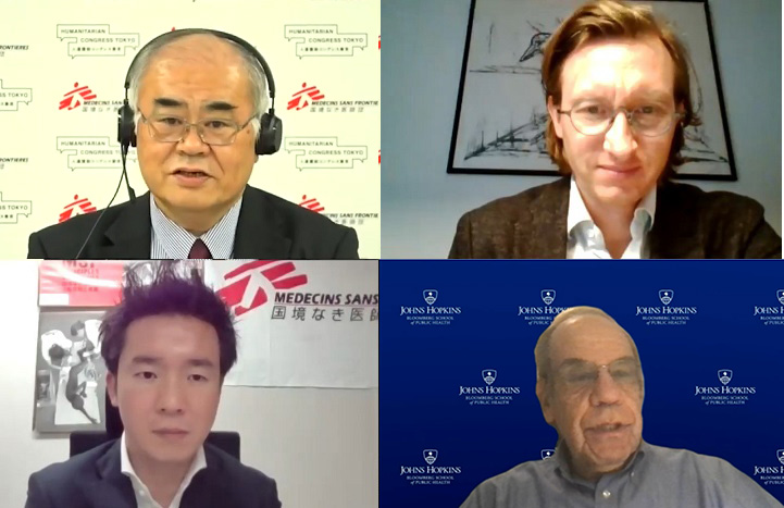 上段左からモデレーターを務めた古谷修一氏(早稲田大学大学院法務研究科教授)、マーチェイ・ポルコウスキ氏(赤十字国際委員会Health Care in Danger プロジェクト統括)。下段左から村田慎二郎、レオナルド・ルーベンスタイン氏(Safeguarding Health in Conflict Coalition代表、Johns Hopkins Bloomberg School of Public Health教授) © MSF