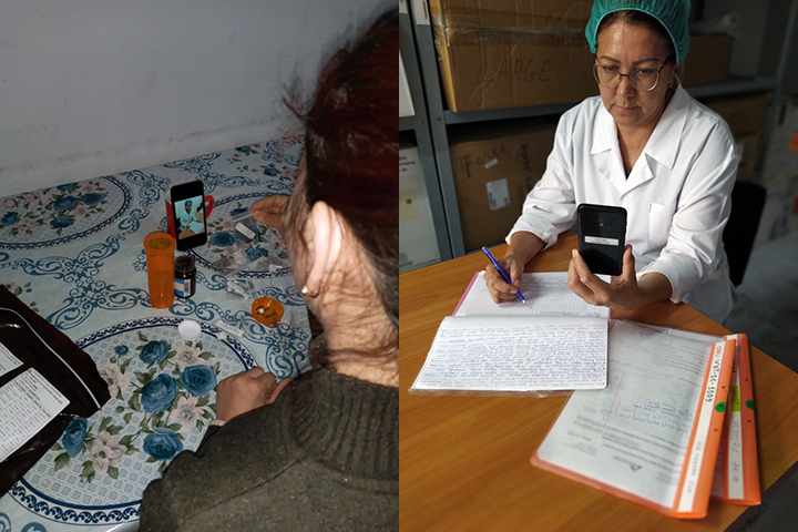 毎日ビデオ通話で結核薬を服用しているクンディズさん（左）とその様子をオンラインで見守るMSF看護師のグルナラ（右） © Makset Samambetov/MSF