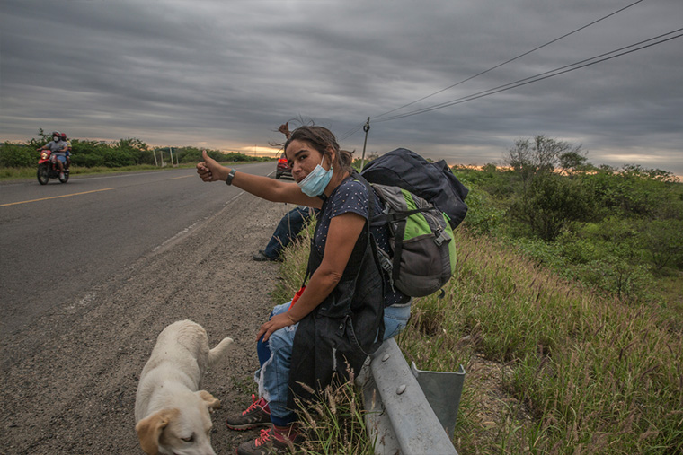 愛犬を伴いトゥンベスを目指す。彼女はすでに高速道路を約15キロ歩いてきた Ⓒ MAX CABELLO ORCASITAS