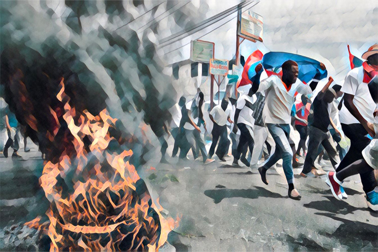 燃え盛るタイヤの近くを走る、抗議デモの参加者たち　Ⓒ MSF