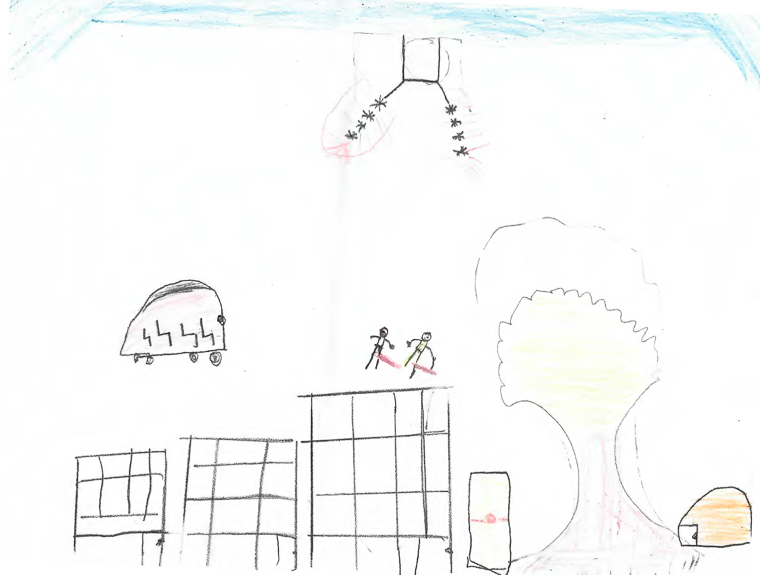 ディナさんは、祖父母が爆撃や砲撃に巻き込まれて亡くなった日のことを描いた。子どもたちはテーマを決めず、心に浮かぶことや伝えたいことを自由に絵にしている　© Nour Alsaqqa/MSF