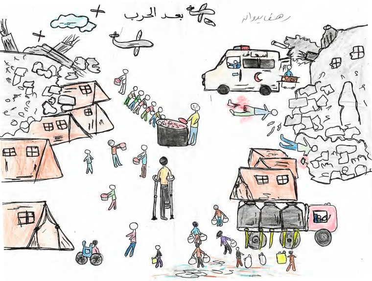 ラハフさんが描いた紛争激化後のガザ　© Nour Alsaqqa/MSF