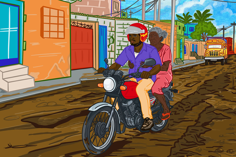 ポルトープランスの通りを走るバイクタクシーの後部座席に乗る女性　© Vicky Onélien