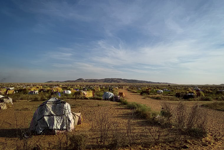 タウィラ最大の避難民キャンプ、ダバ・ネイラ。人びとは木の棒や防水シートで作られた簡易シェルターに身を寄せている。水、食料、トイレも十分に確保されていない＝2025年11月9日　Ⓒ Natalia Romero Peñuela/MSF