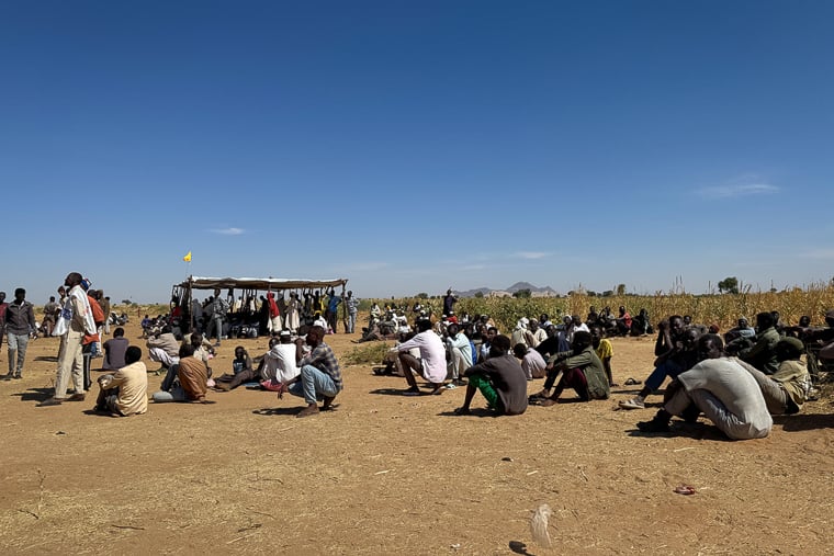 エル・ファシールから新たにたどり着いた多くの避難民が、タウィラの入口地点で待機している。人びとはここからダバ・ネイラなど他のキャンプへと振り分けられる＝タウィラで2025年11月9日　Ⓒ Natalia Romero Peñuela/MSF