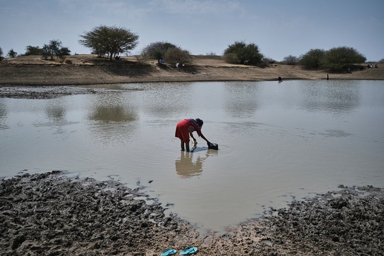南スーダン／レンク：女性が貯水池から水を汲んでいる。未処理の水は深刻な胃腸疾患を引き起こす恐れがある＝2025年2月　© Diego Menjíbar