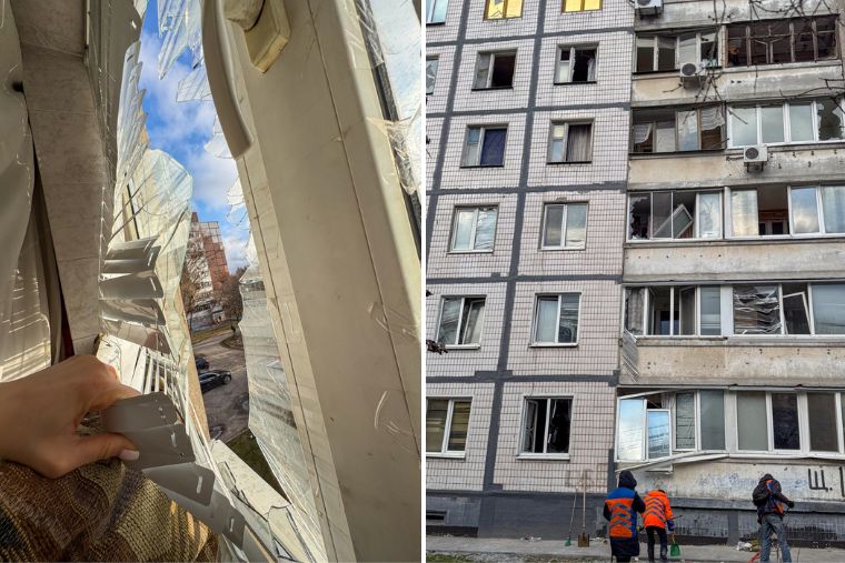 爆撃の衝撃により窓が破損したドニプロにあるリピンスカの自宅。極寒の中、枕や毛布で窓を塞いでしのいでいる＝2026年1月21日　© Kseniia Lipynska/MSF