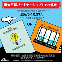 環太平洋パートナーシップ（TPP）協定 TPP協定交渉に参加する国々へ… 選んでください。 どちらの道を行きますか？ 両立：製薬業界の革新と安価な薬の流通 OR 普及・流通をはばむ 安価なジェネリック薬（後発医薬品） 薬の普及・流通を妨げる致命的な条項案を修正するチャンスです！ 詳細を読む：http://www.msf.or.jp/news/essential/index.php