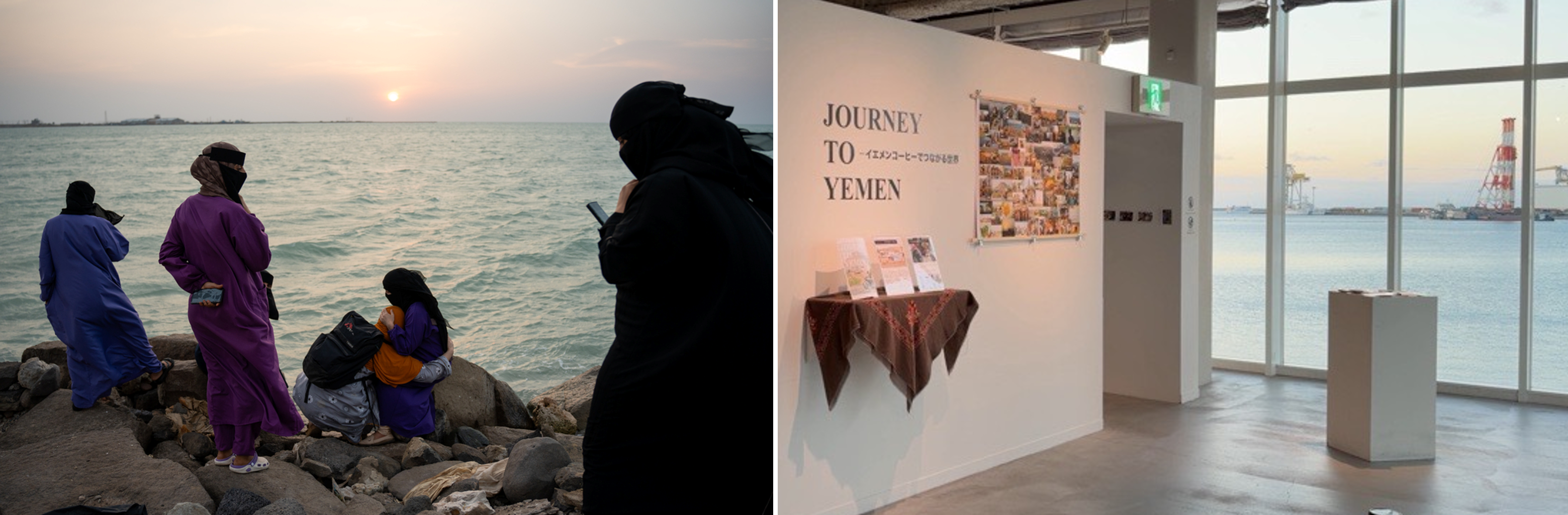 （写真左）紅海に沈む夕陽を見つめるモカのMSF助産師たち © Julie David de Lossy/MSF<br> （写真右）間もなく夕陽が沈む沖縄の海と空と重なり、イエメンの人びとに心を寄せる会場の皆さんとの思いがつながった時間となりました　© MSF