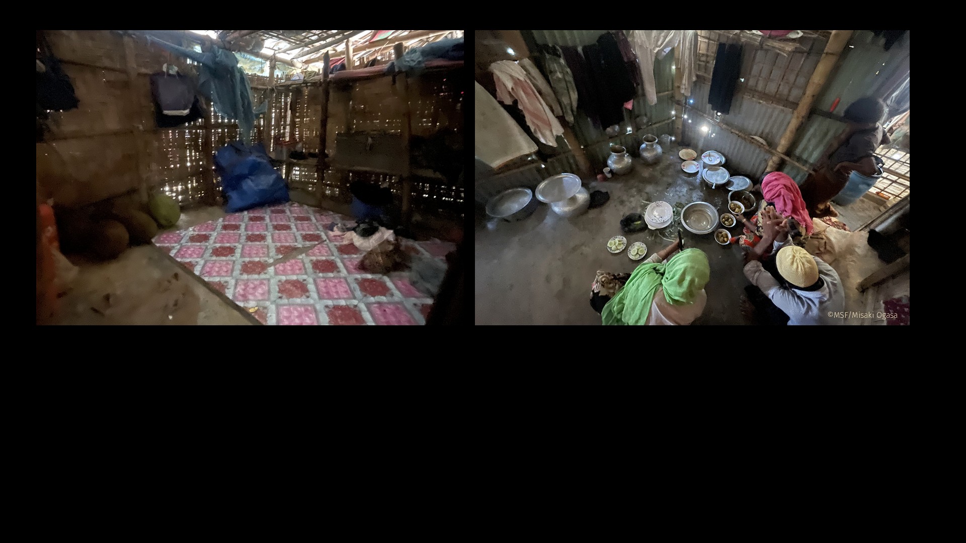 （写真左）ロヒンギャの人びとの住居。室内は実際は暗く、自宅で出産することもある<br> （写真右）難民キャンプの台所。広さは4畳ほどで、配給されるガスボンベを使いながら、キャンプのような形で調理をする。<br> 建物の多くが竹でできているため、乾燥する時期になると大規模な火災が多発する　© Misaki Ogasa/MSF 