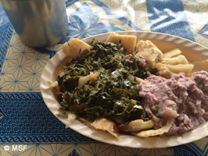 ある日の食事、野菜とイモ、チャパティ