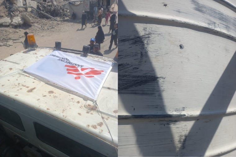 ガザ市で9月15日に銃撃を受けたMSFの給水車　© MSF　