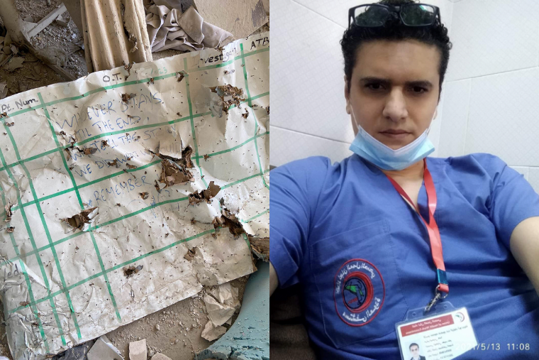 左:攻撃を受けた病院に残されたホワイトボード 右:亡くなったアブ・ヌジャイラ医師 © MSF